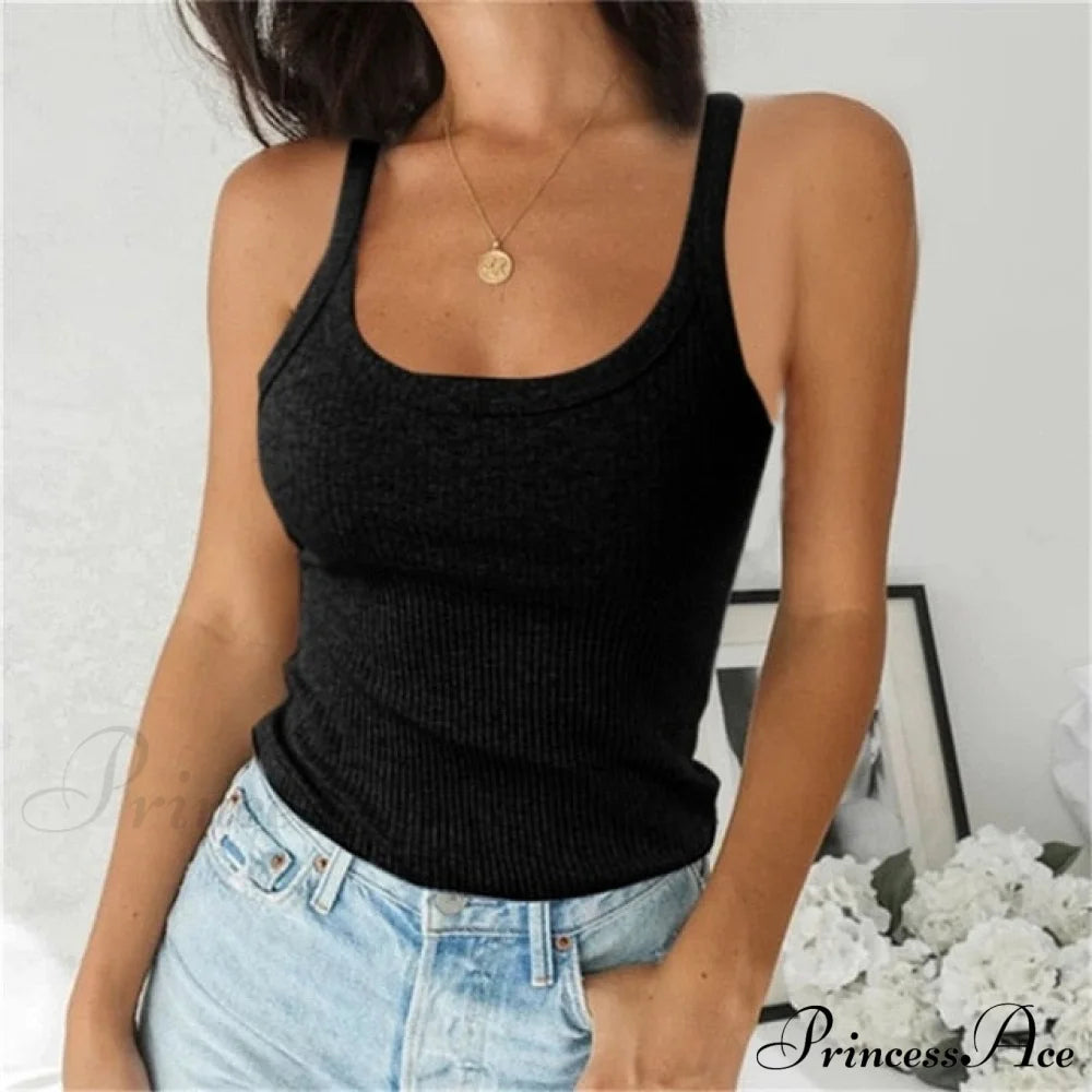 Spaghetti Vest Quality Knitted Camis U-Neck Tank Tops Black / S