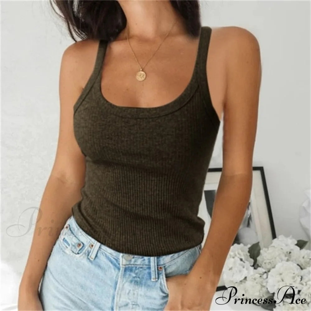 Spaghetti Vest Quality Knitted Camis U-Neck Tank Tops Brown / S