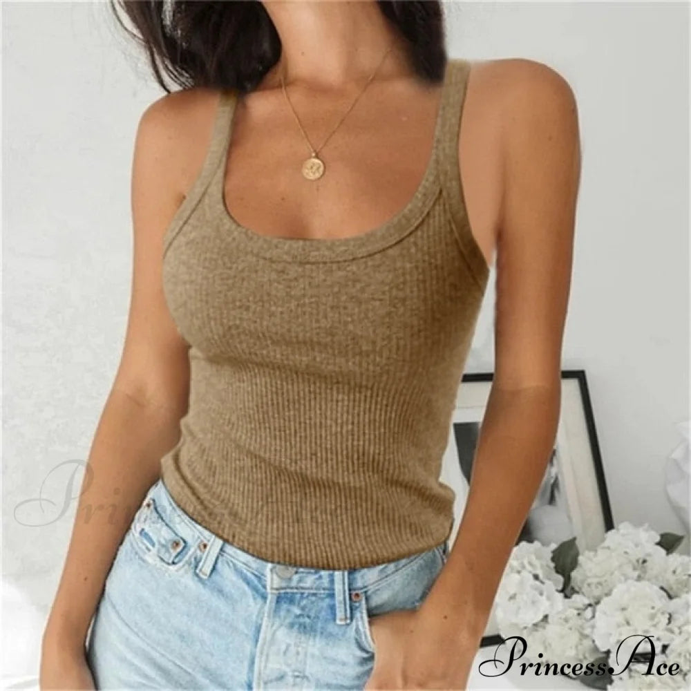 Spaghetti Vest Quality Knitted Camis U-Neck Tank Tops Khaki / S