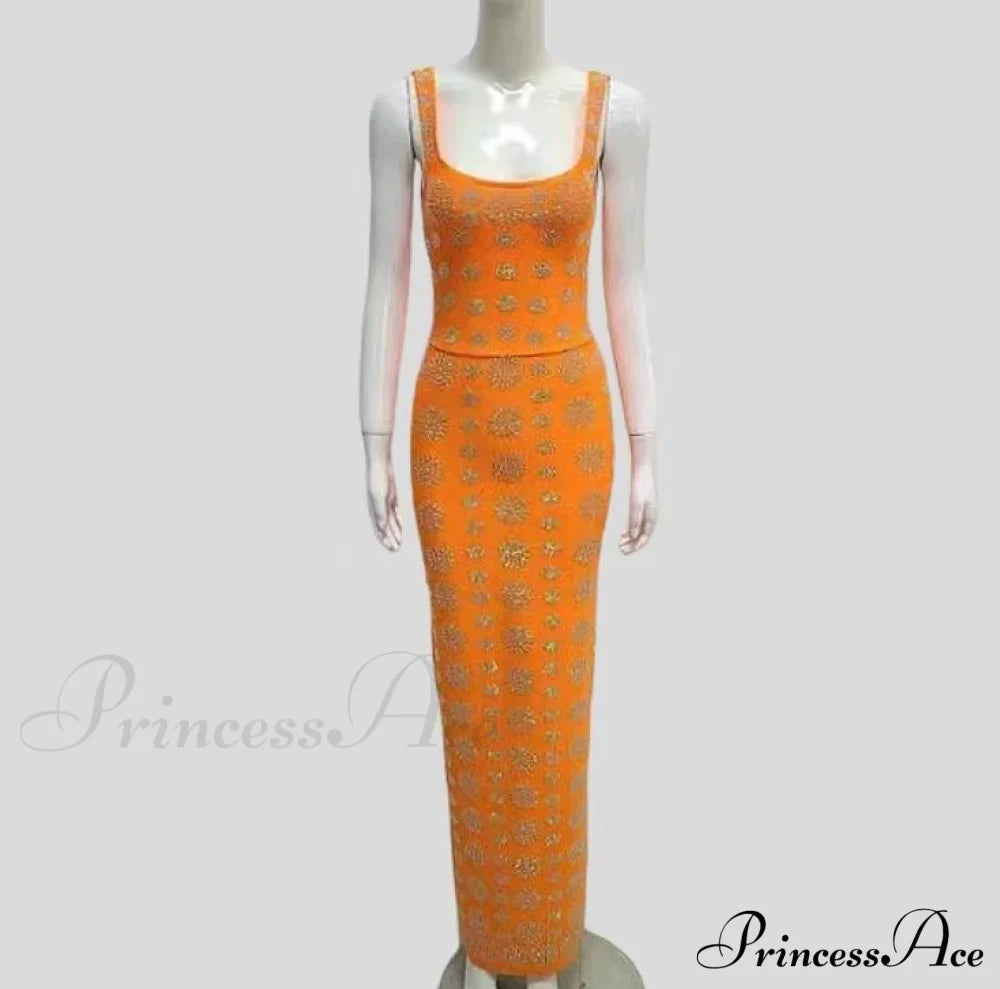 Sparkling Diamonds Ankle-Length Party Dress Orange / Xs Partydress-241208