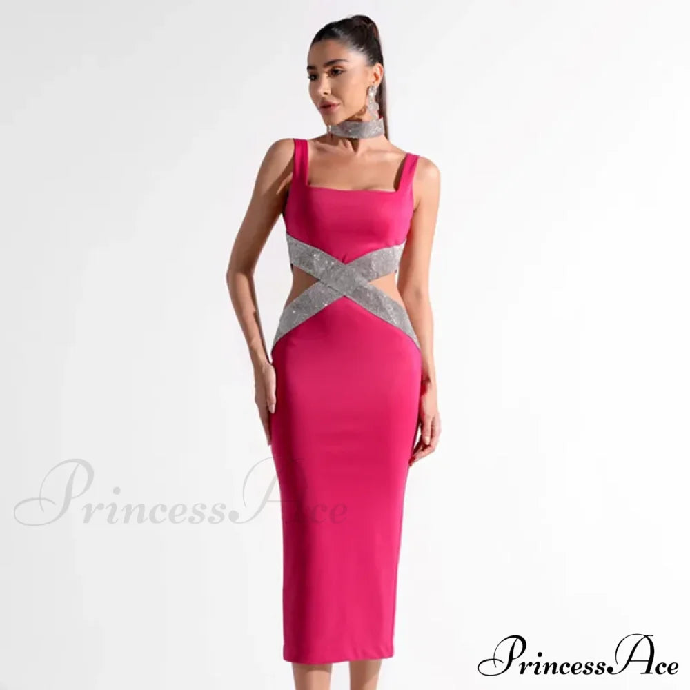 Sparkling Diamonds Midi Party Dress Rose Red / S Partydress-241208