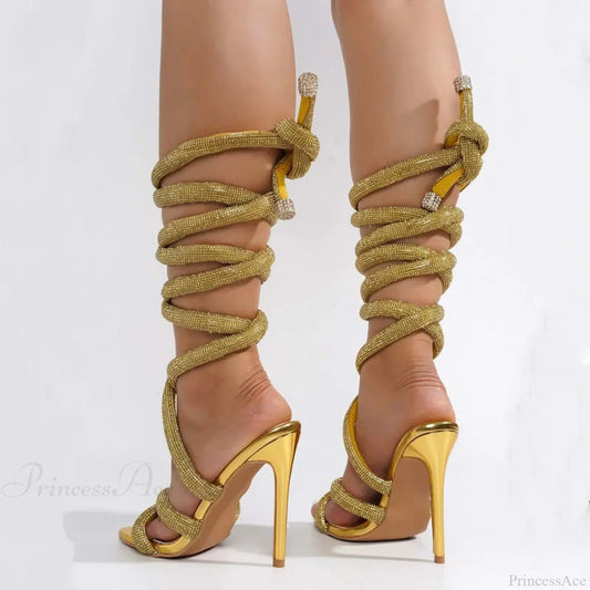 Sparkling Gothic Ankle Strap Gladiator Sandals Tall Heel Gold / 35