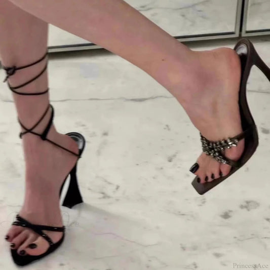 Sparkling Gothic Cross Peep-Toe Sandals Stiletto Tall Heel Black / 35