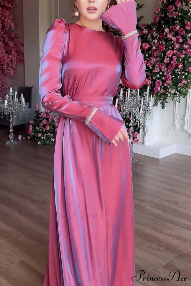 Sparkling Satin Puff Sleeve Midi Dress With Glitter Finish Purple Red / M Dresses