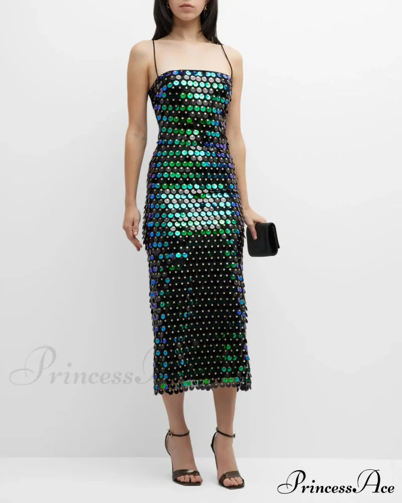 Sparkling Sexy Slim Sequin Dress Spaghetti Strap Sleeveless Sling Christmas Party Green / S