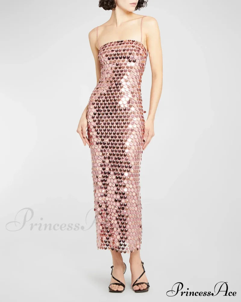 Sparkling Sexy Slim Sequin Dress Spaghetti Strap Sleeveless Sling Christmas Party Pink / S Dresses-L