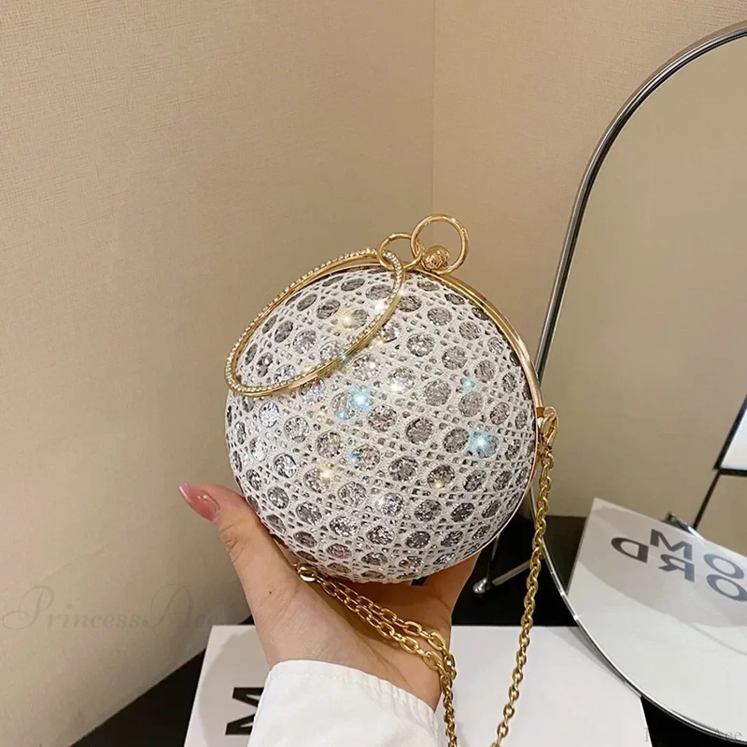 Sparkly Round Shiny Diamond Evening Shoulder Clutch Bag White clutchbag-250126