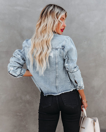 Pocketed Distressed Denim Jacket