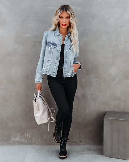 Pocketed Distressed Denim Jacket