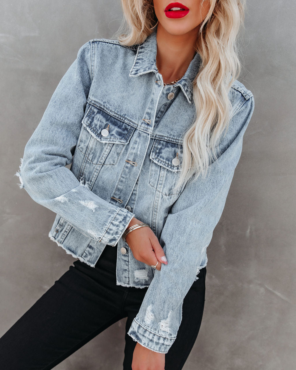 Pocketed Distressed Denim Jacket