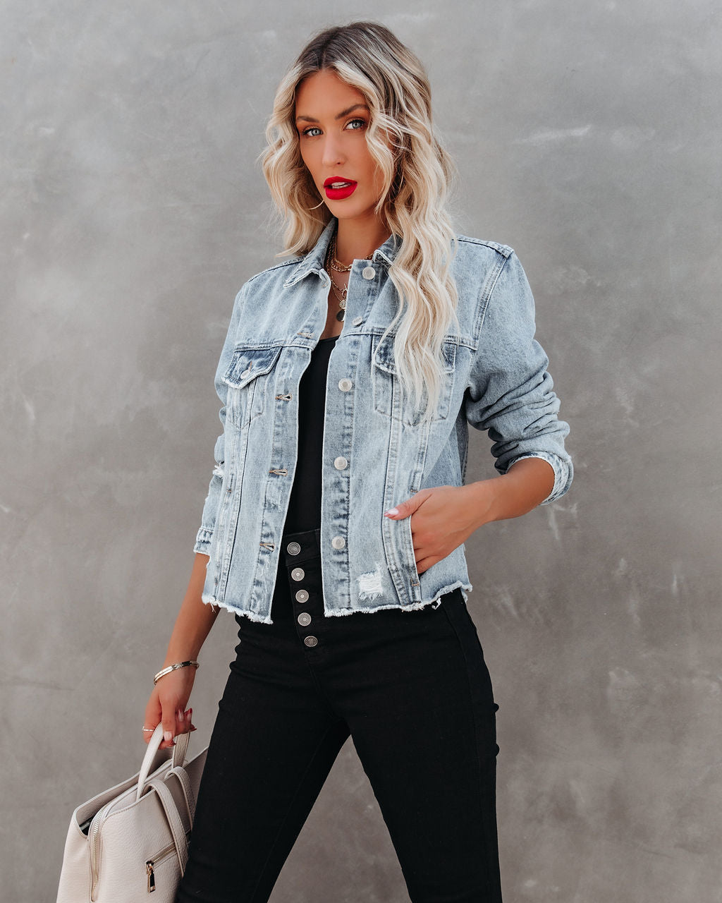 Pocketed Distressed Denim Jacket