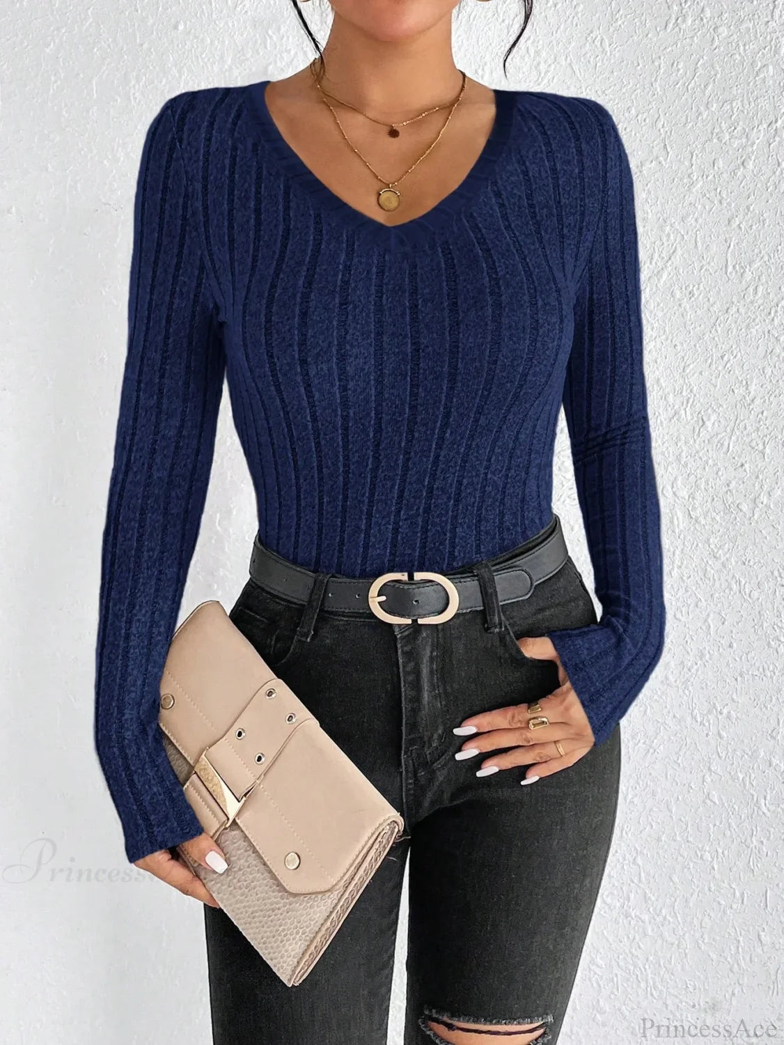 Spice Girl Sexy Thin V-Neck Design Personality T-shirt Women navy blue / XS knittop-250126