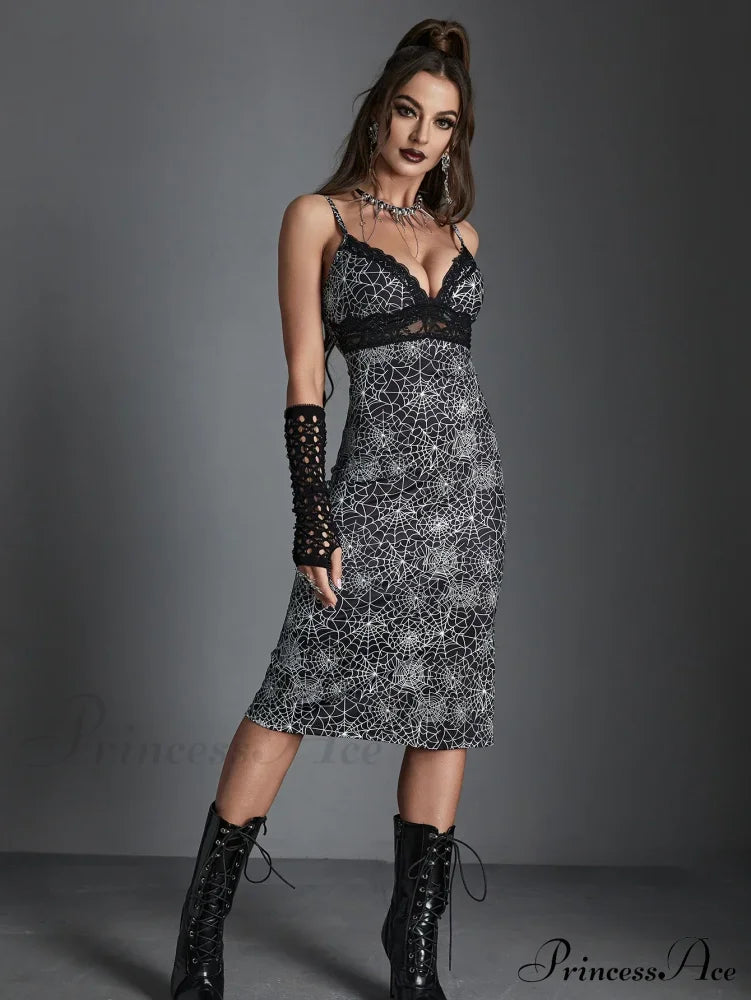 Spider Web Print Lace Trim Sexy Hollow Out V Neck Chest Wrapping Bodycon Dress Halloween