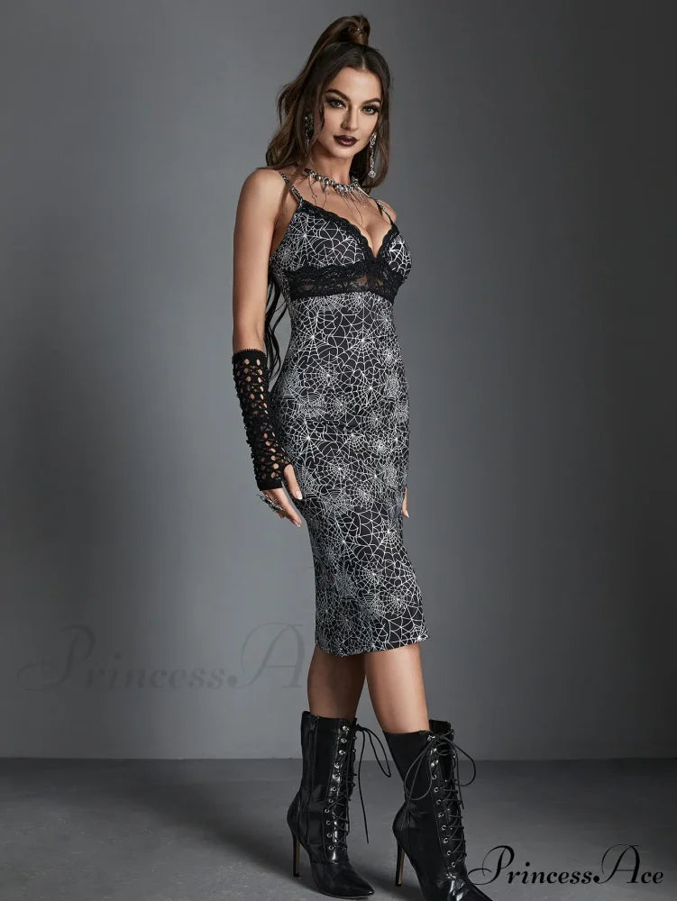 Spider Web Print Lace Trim Sexy Hollow Out V Neck Chest Wrapping Bodycon Dress Halloween