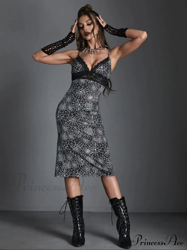 Spider Web Print Lace Trim Sexy Hollow Out V Neck Chest Wrapping Bodycon Dress / S Halloween