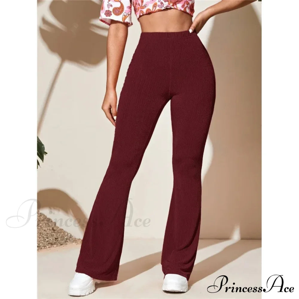 Split Knitted Wide Leg Loose Fitting High Waisted Draped Casual Pants Claret / S