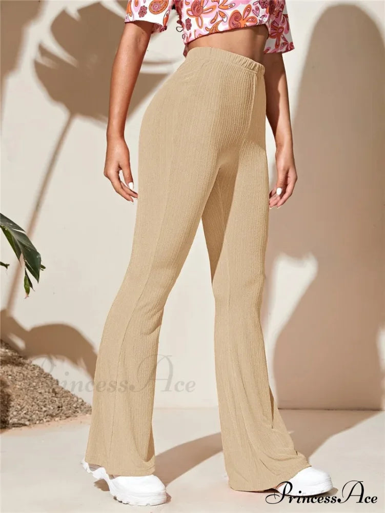 Split Knitted Wide Leg Loose Fitting High Waisted Draped Casual Pants Khaki / S