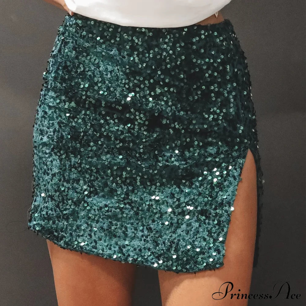 Split Shimmering Sequin Tight Mini Party Clubwear Skirt Green / S