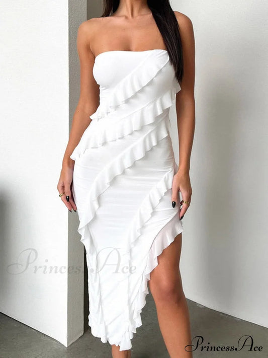 Split Strapless Full-Length Gown Ruffles - Sleeveless Elegant Women’s Off-Shoulder Bodycon