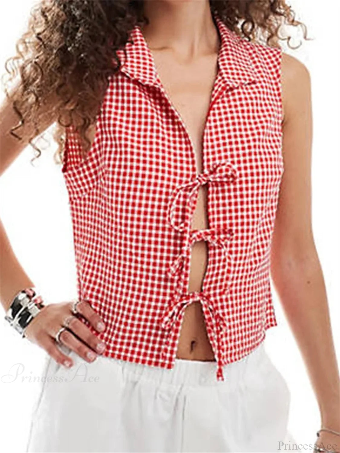 Split Tie-up Plaid Lapel Collar Tank Crop Top croptop-250126