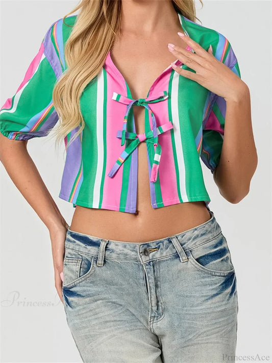 Split Tie-Up Puff Sleeve Blouse green / S blouse-250223