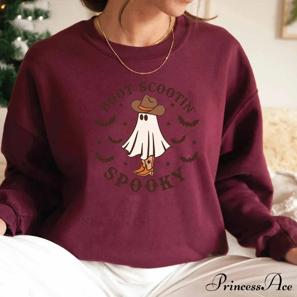 Spooky Cowboy Ghost Fun Fall Cozy Hoodie Burgundy / S Sweatshirts & Hoodies-L