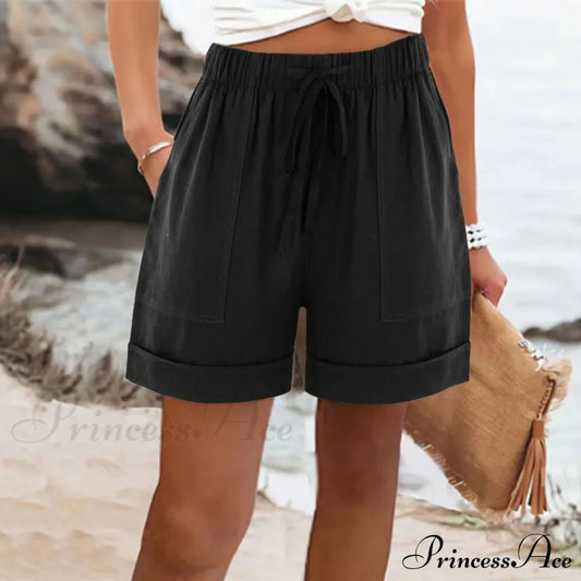 Sports High Waist Pocket Loose Straight Beach Cool Summer Short Black / S