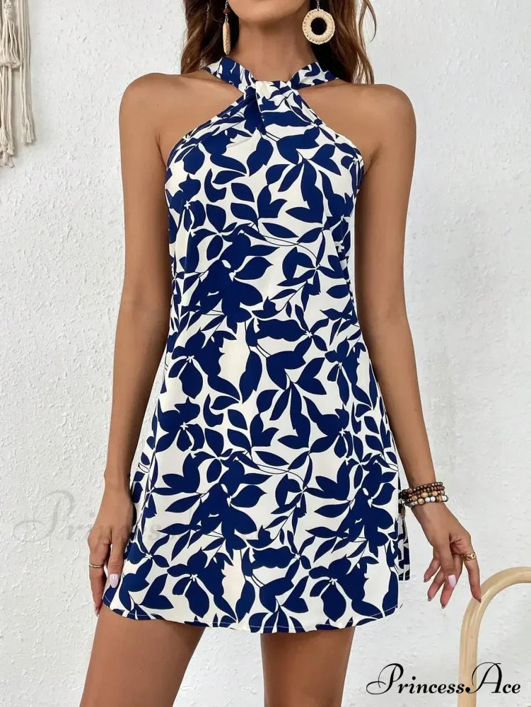 Spring/2024 New Print Halter Off-The-Shoulder Denim Dress Floral Blue / S