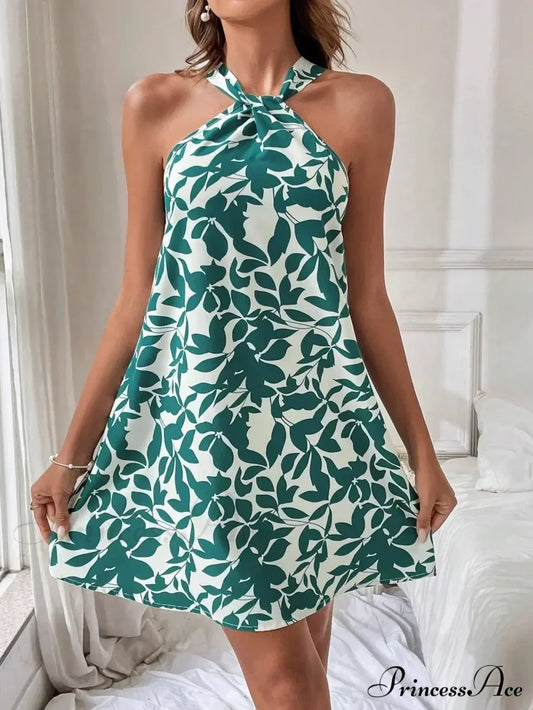 Spring/2024 New Print Halter Off-The-Shoulder Denim Dress Floral Green / S