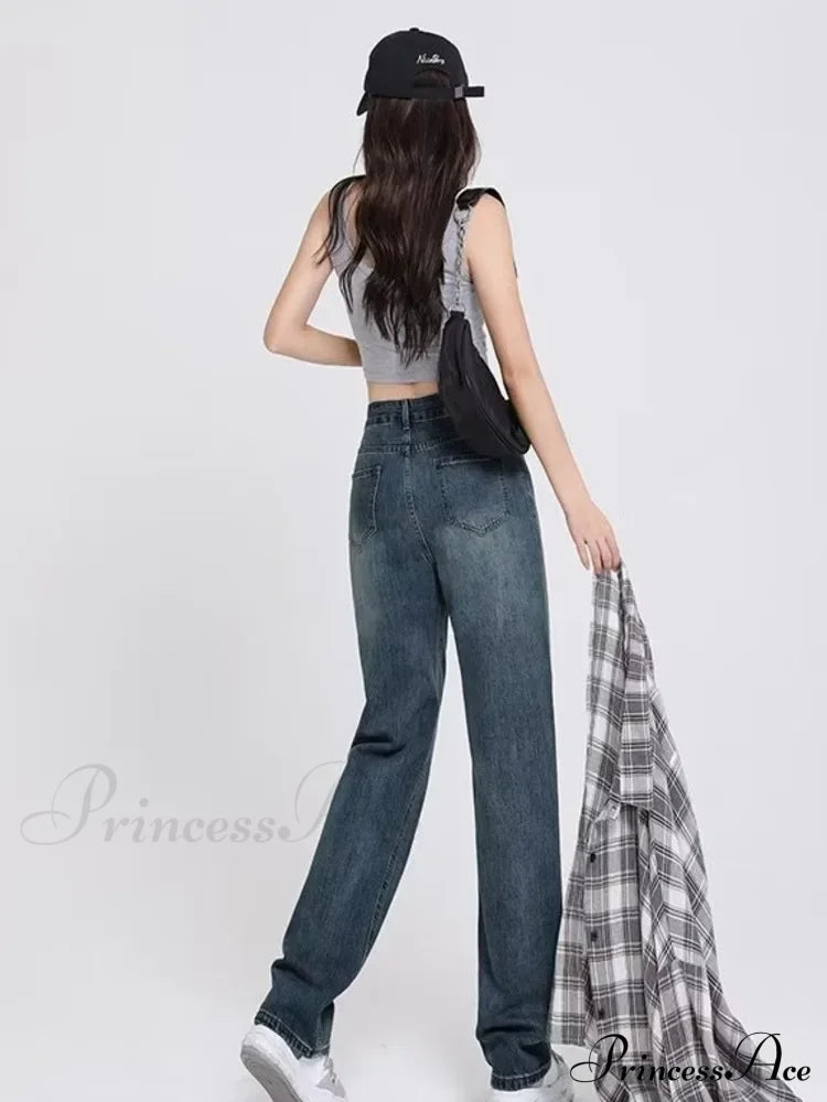 Spring And Autumn New Korean Version High-Waisted Slimming Retro Straight Jean