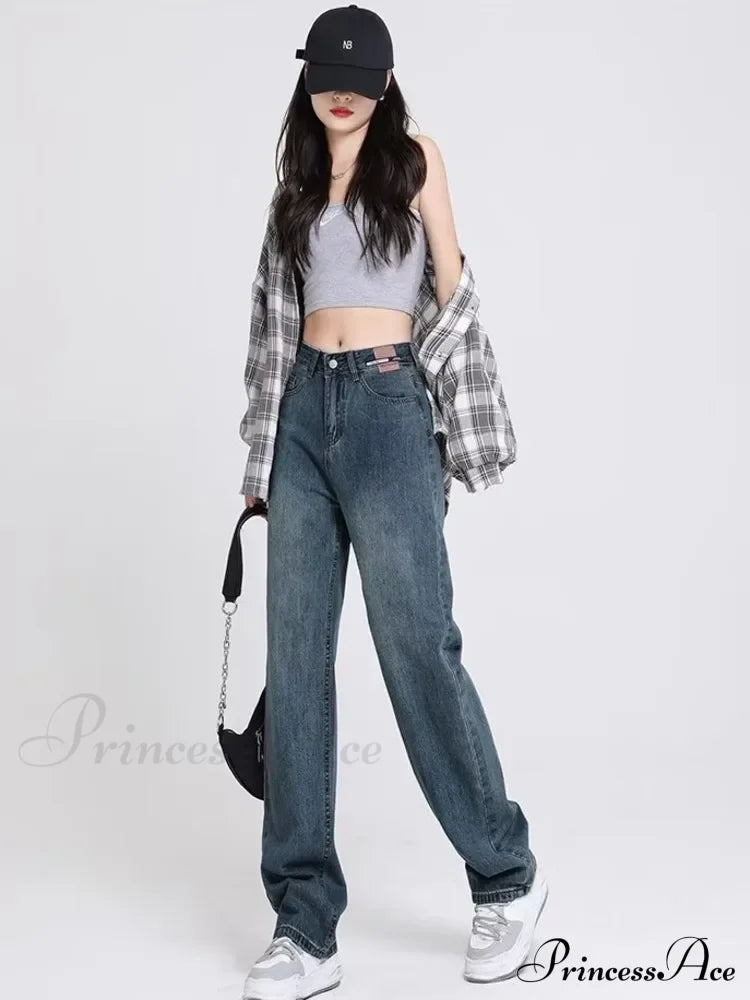 Spring And Autumn New Korean Version High-Waisted Slimming Retro Straight Jean