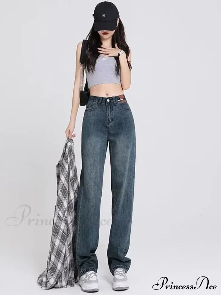 Spring And Autumn New Korean Version High-Waisted Slimming Retro Straight Jean Deep Blue / S