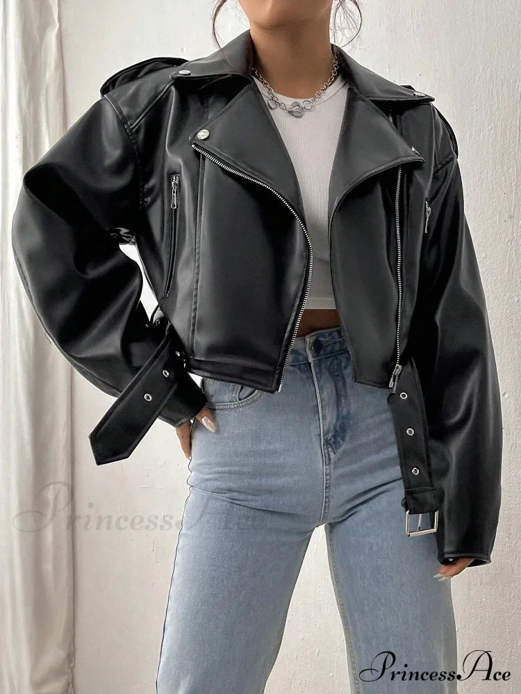 Spring Autumn Casual Lapel Zipper Pu Leather High Street Motorcycle Jacket