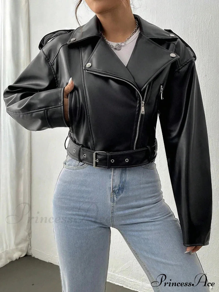 Spring Autumn Casual Lapel Zipper Pu Leather High Street Motorcycle Jacket Black / Xs