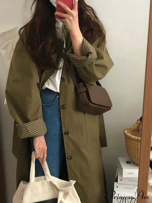 Spring Autumn Long Loose Casual Chic Turn-Down Collar Pockets Single Breasted Korean Fashion 2024