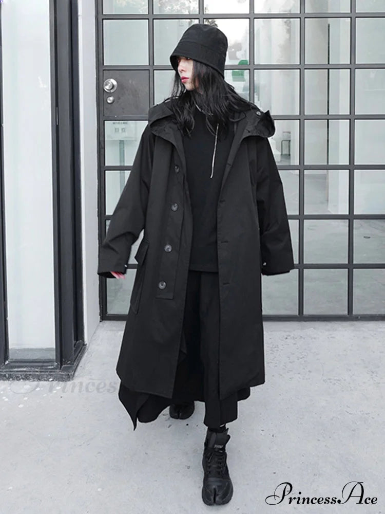 Spring Autumn Long Oversized Black Hood Dark Aesthetic Luxury Designer 2024 Stylish Coat Coats-L