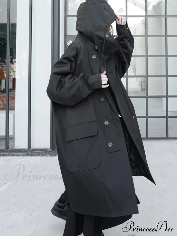 Spring Autumn Long Oversized Black Hood Dark Aesthetic Luxury Designer 2024 Stylish Coat Coats-L