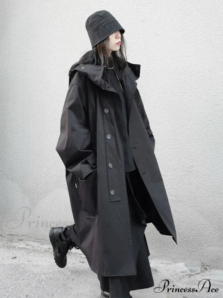 Spring Autumn Long Oversized Black Hood Dark Aesthetic Luxury Designer 2024 Stylish Coat / M Coats-L