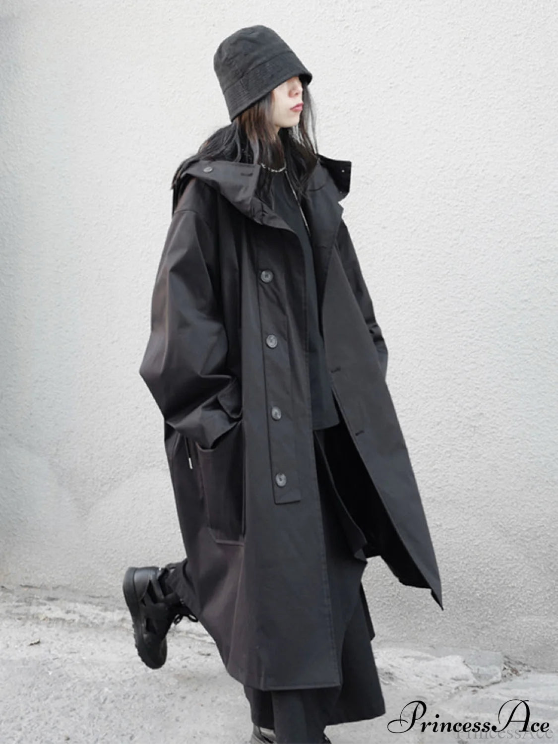 Spring Autumn Long Oversized Black Hood Dark Aesthetic Luxury Designer Stylish Coat