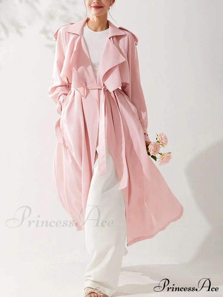 Spring Autumn Long Sweet Thin Flowy Pink Sashes High Quality Luxury Designer 2024 Stylish Coat