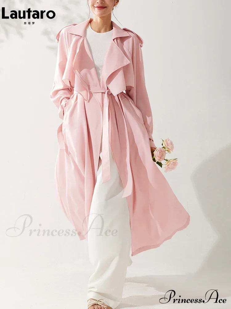 Spring Autumn Long Sweet Thin Flowy Pink Sashes High Quality Luxury Designer 2024 Stylish Coat / S