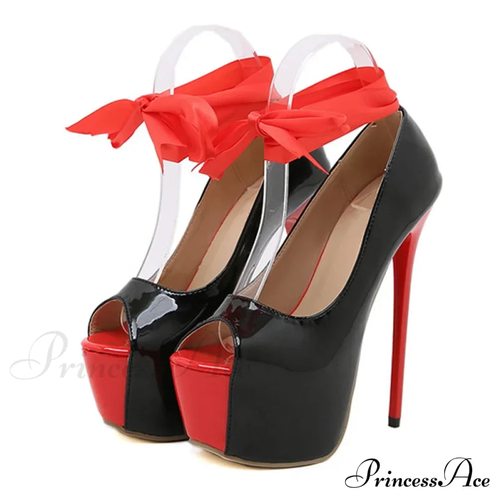 Spring Autumn Red Ankle-Strap Platform Pumps Sexy Peep-Toe Slingback Stiletto Runway High Heel