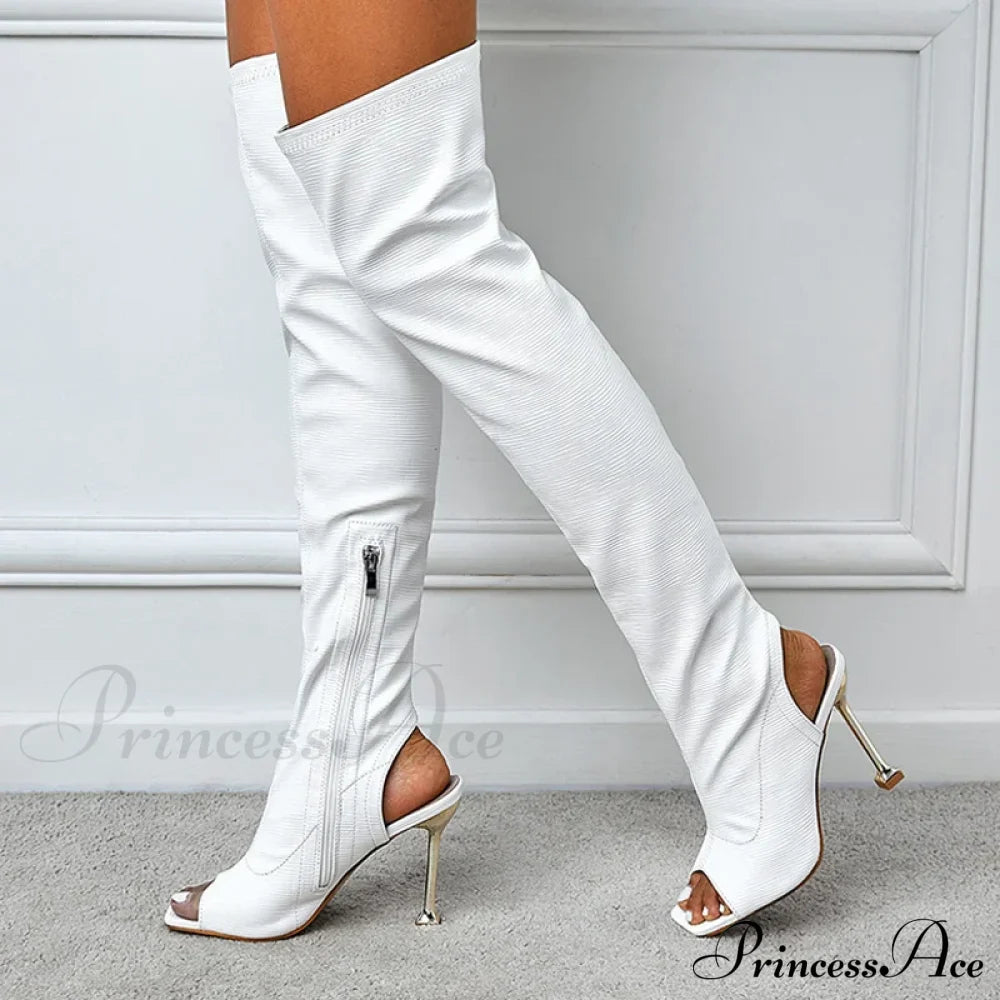 Spring Autumn Sexy Zip Metal Thin-Heels Open-Toe Leather Thigh-High Over-The-Knee Boots Stripper