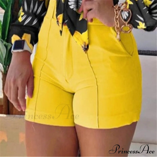 Spring Blouse Tie Knot Patterned Casual Arm Flowered Top For Long Women M / Yellow Shorts(No Top