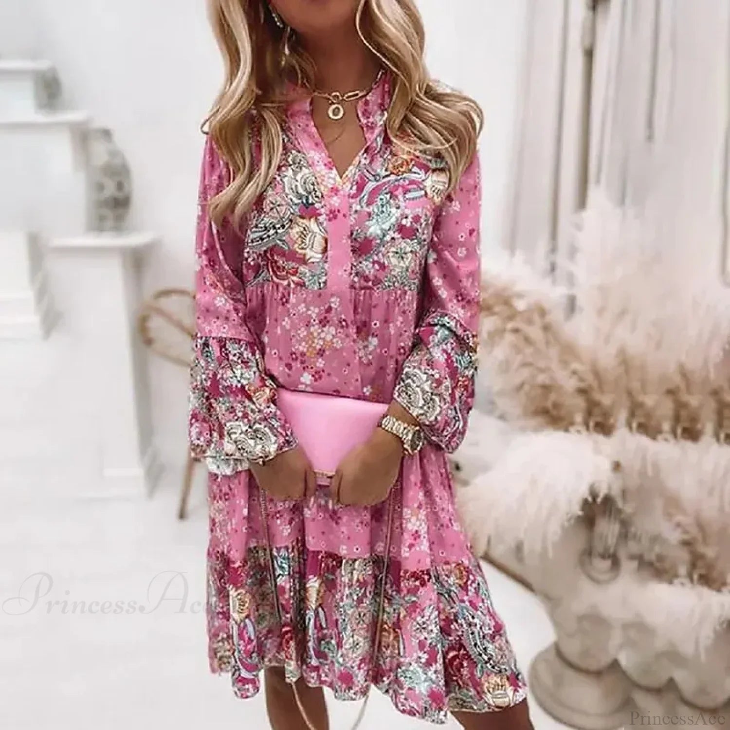 Spring Casual Floral Mid Length Dress oldfloraldress-250126
