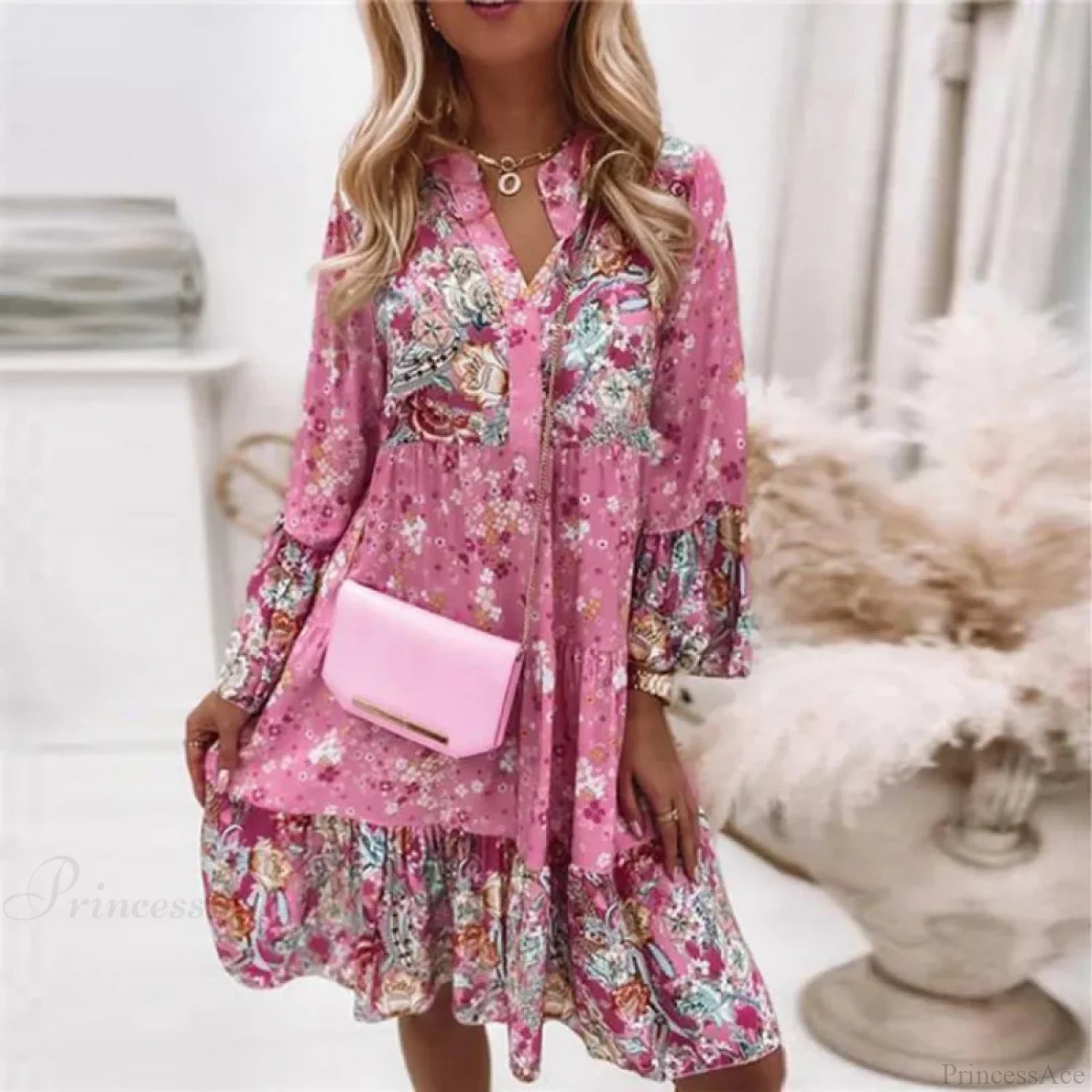 Spring Casual Floral Mid Length Dress Pink / S oldfloraldress-250126
