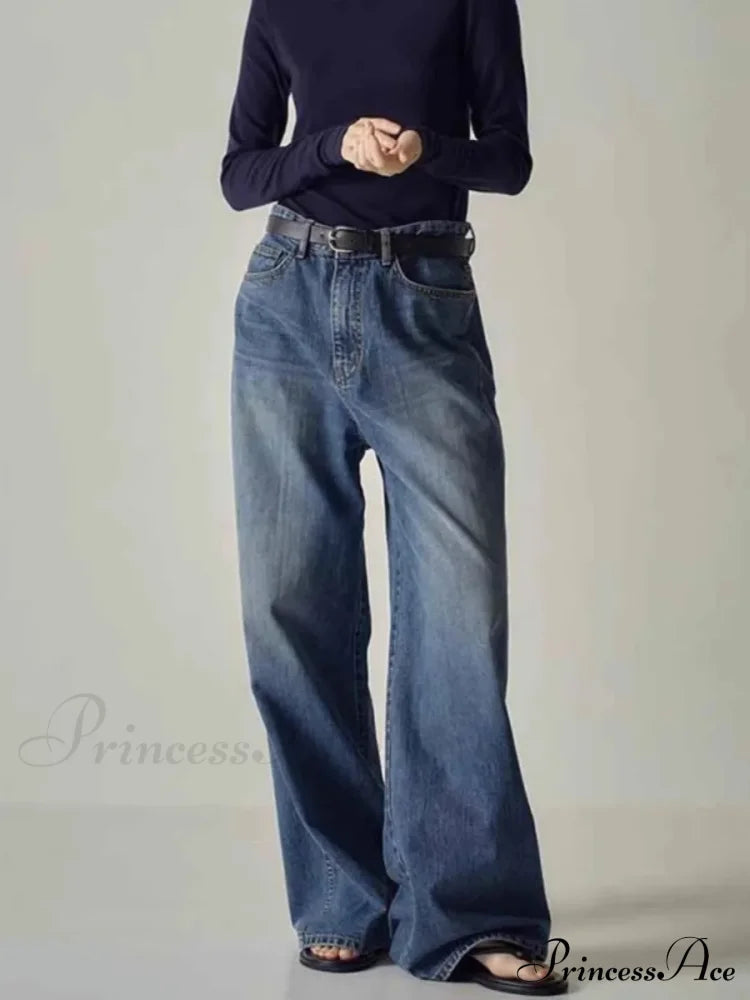 Spring Fall New High-Waisted Wide-Leg High Quality Long Baggy Y2K Jean Blue / Xs