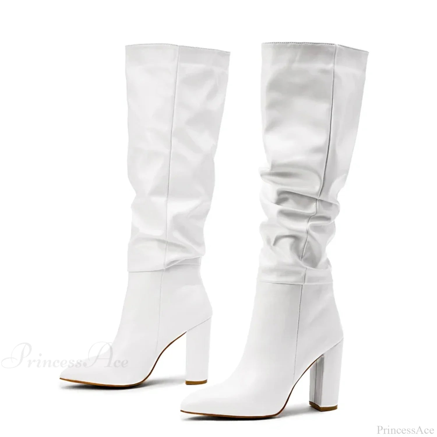 Spring Fashion Pleated Chunky High Heel Sexy Slip-on Pointed Toe Knee High Boot