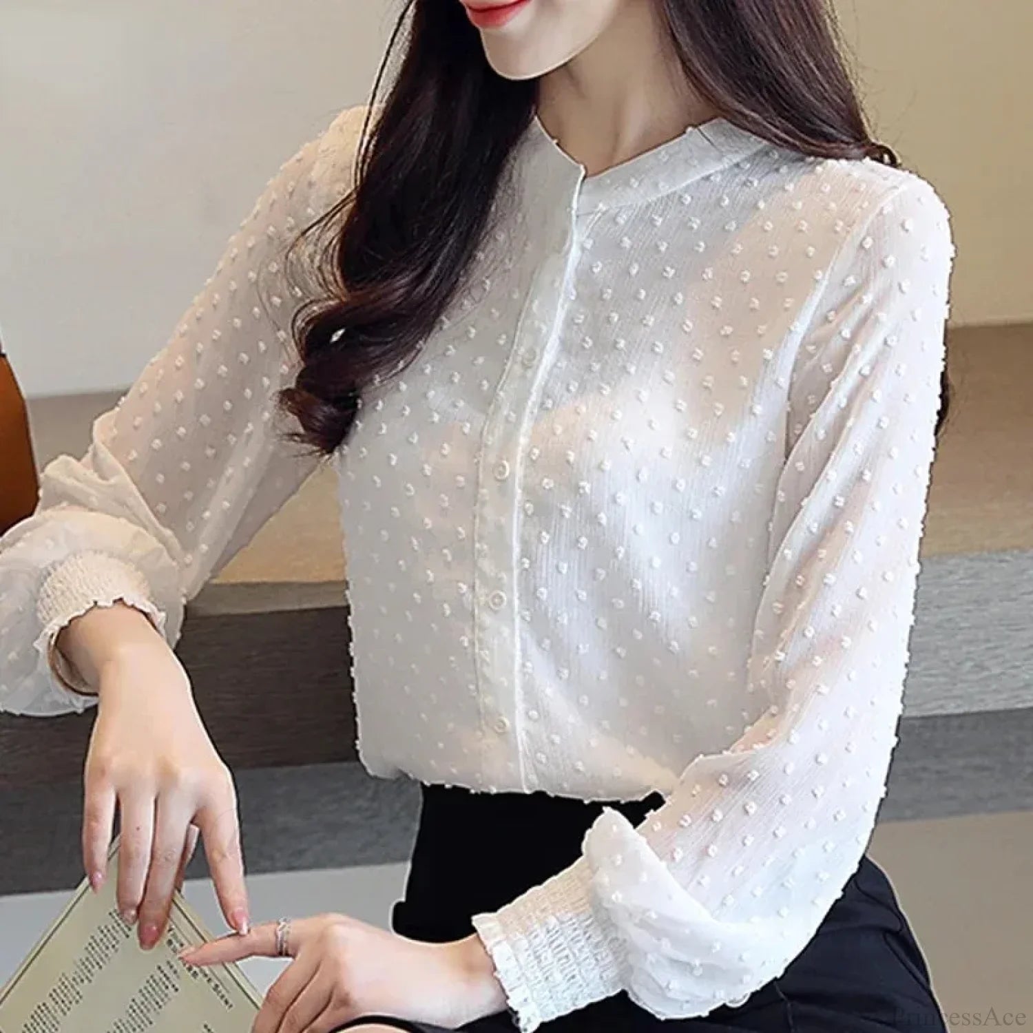 Spring Long Sleeve White Office Blouse blouse-250126