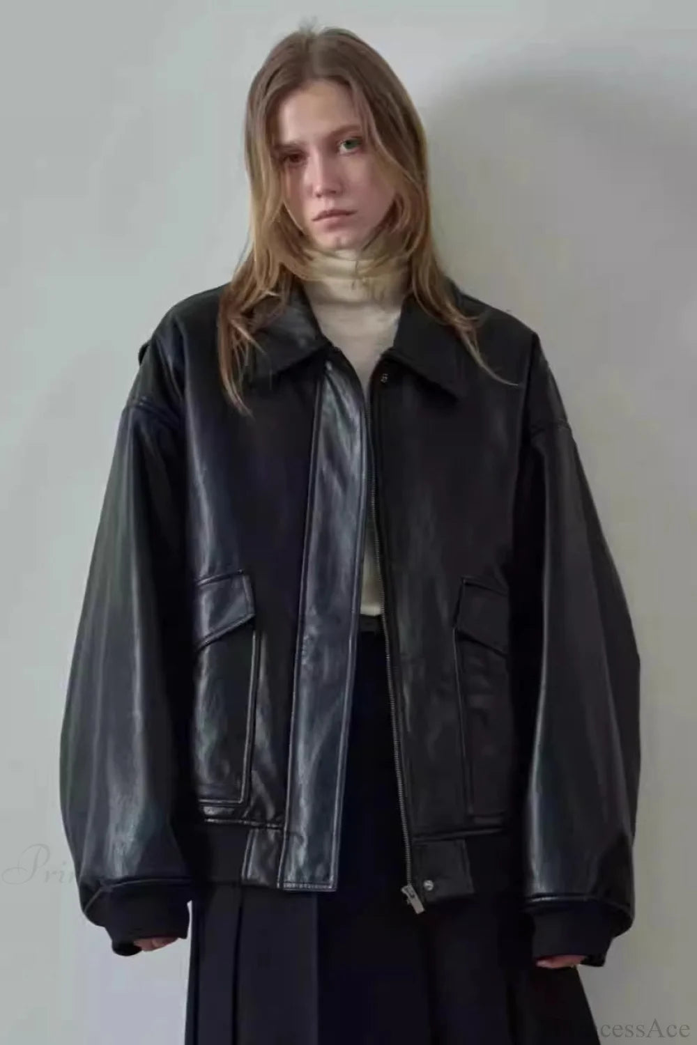 Spring Oversized Faux Leather Coat Black / S